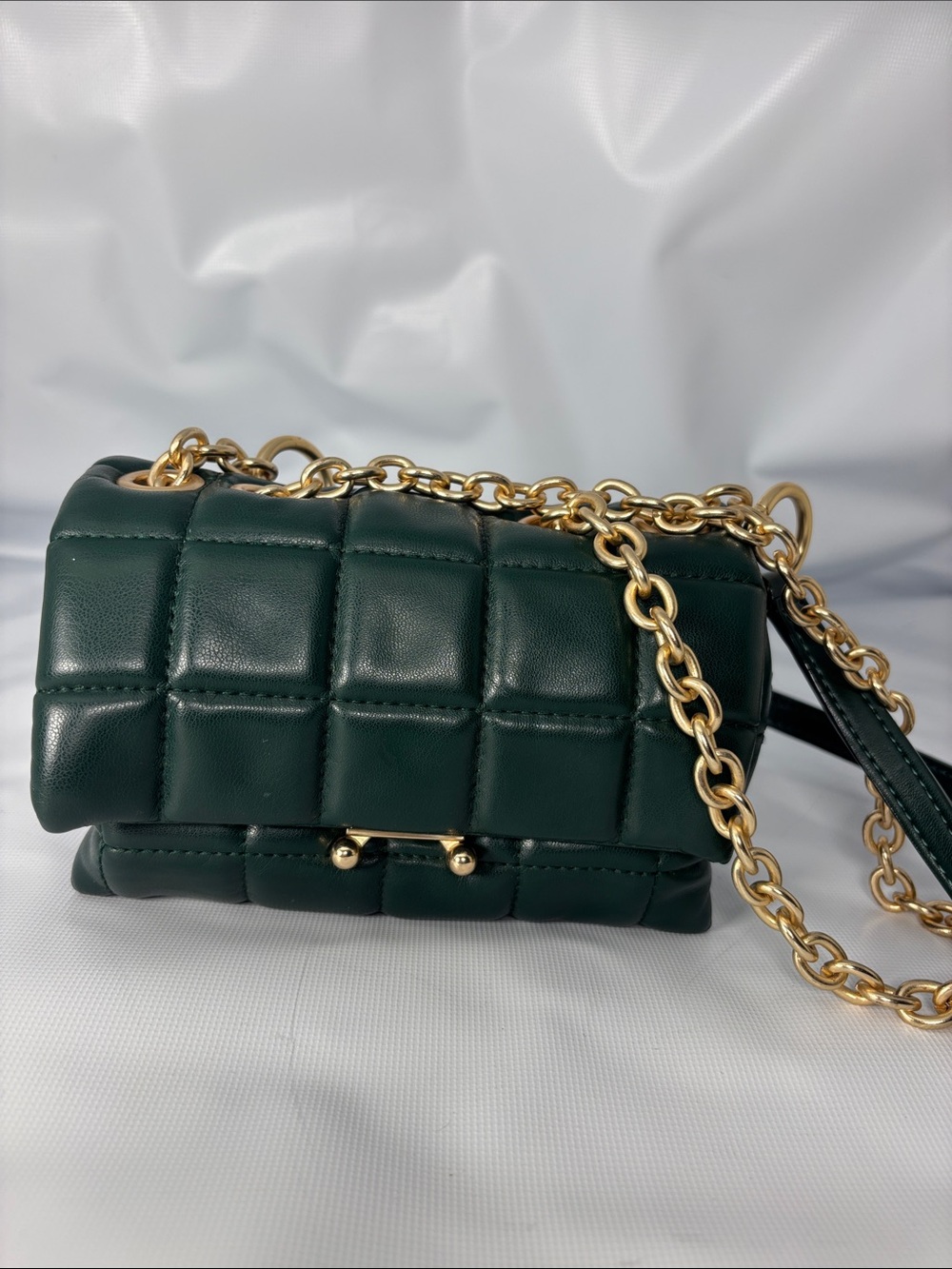Quilted Dark Green Crossbody with Gold Chain Strap